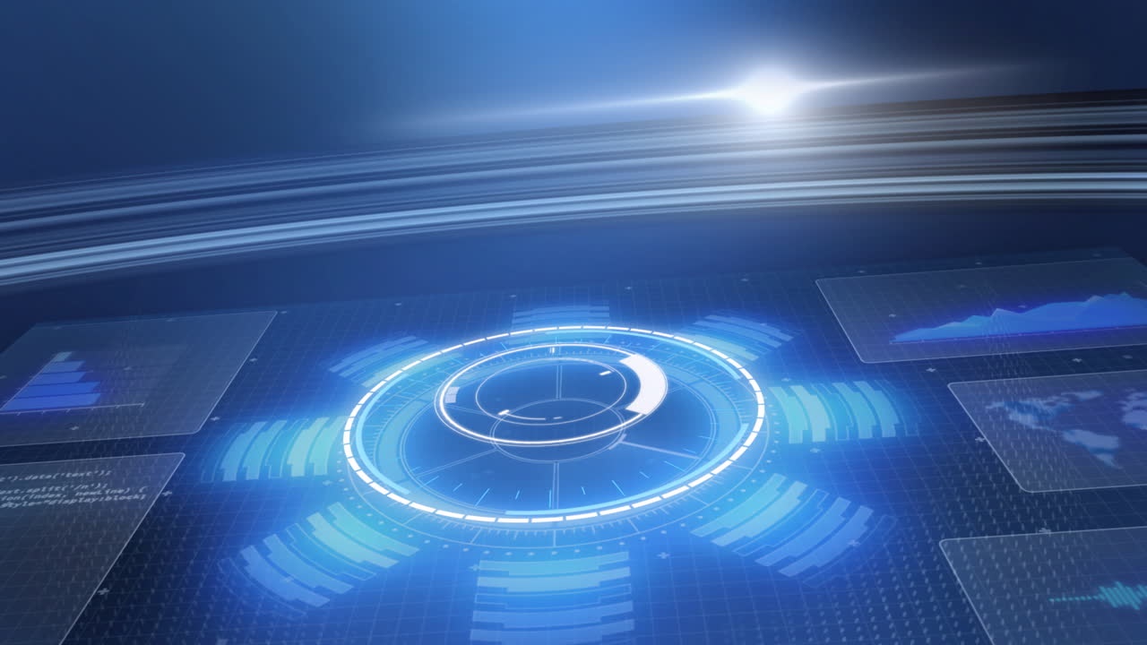 파란색 배경의 화면에서 범위 스캐닝과 데이터 처리의 애니메이션