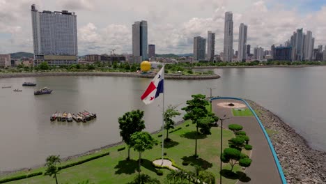 aerial orbit of panama flag with panama city in the background