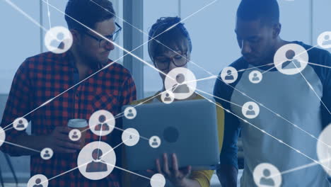 animation of network of connections with people icons over diverse business people in office
