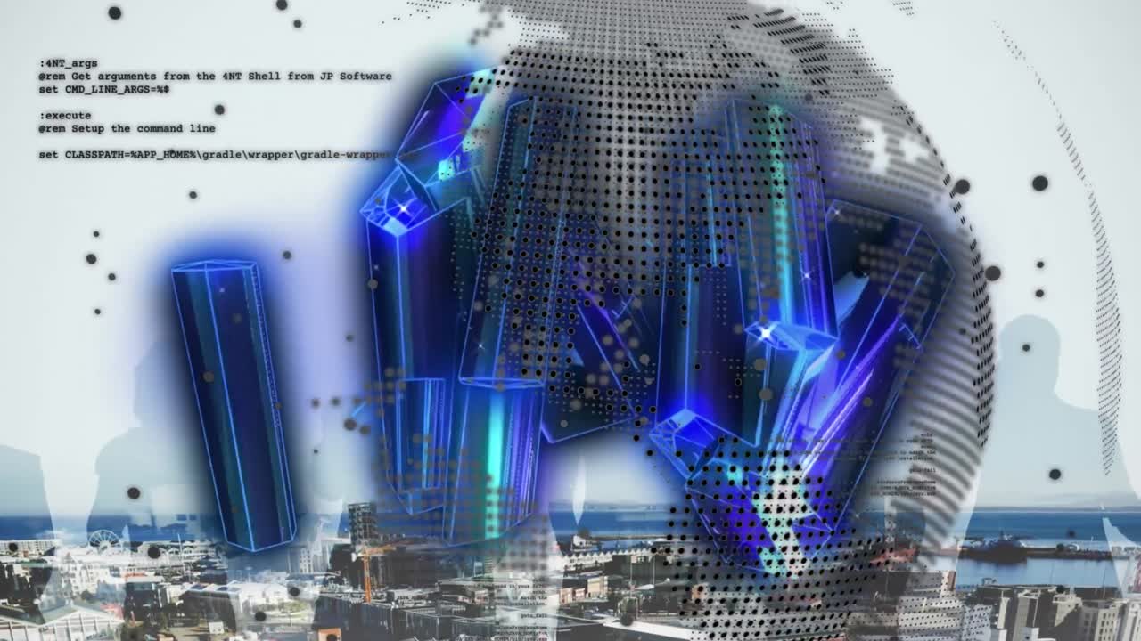 Animation of data processing and globe over cityscape
