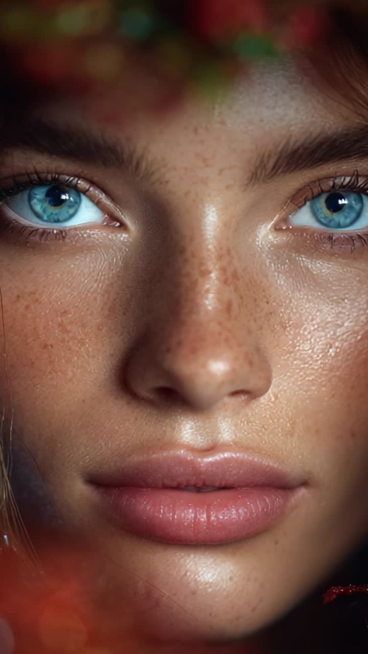 Captivating Portrait of a Young Woman with Striking Blue Eyes and Freckles, Captured in a Moment of Intense Emotion and Depth, Surrounded by a Vivid Floral Frame