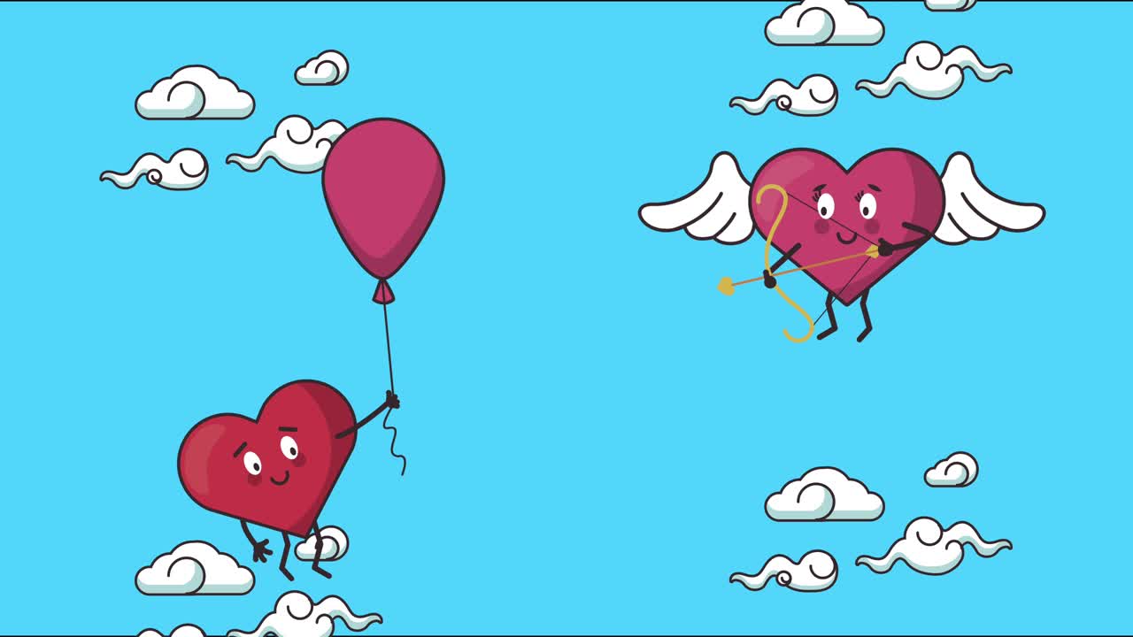 feliz tarjeta de san valentín con corazones pareja flotando con globo de helio