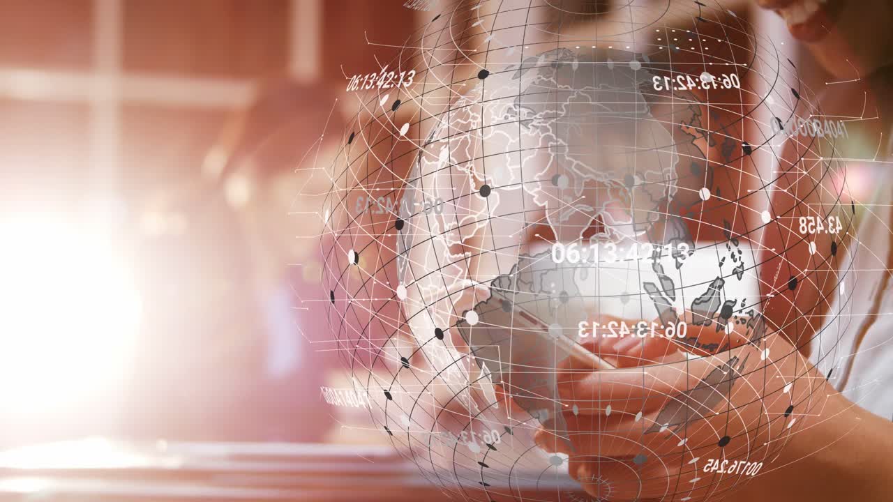 Vertikal video: Kvinde tapper på telefon, scroller mens kloden falmer og roterer, viser forretningsdata.