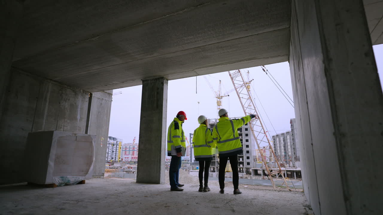 tres ingenieros civiles de la compañía de desarrollo están viendo el sitio de construcción vista trasera
