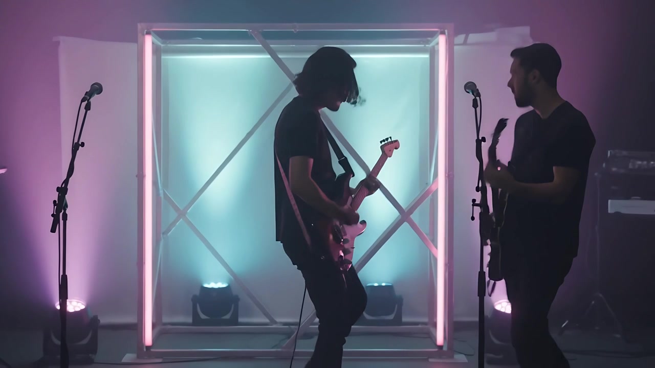 Playing opening riff, two guitarists in dark shirts trading riffs on stage with lit frame