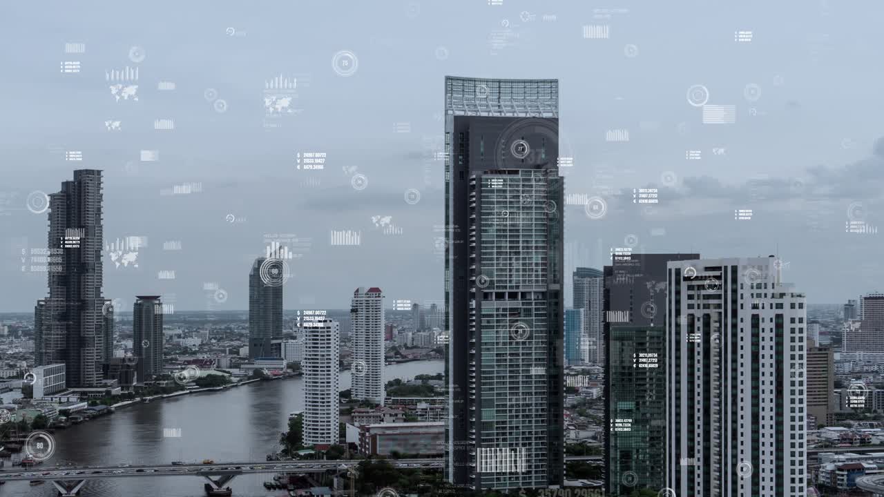 Interface analítica de dados de negócios sobrevoa cidade inteligente mostrando alteração futura