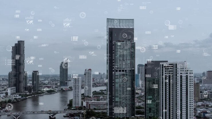 Interface analítica de dados de negócios sobrevoa cidade inteligente mostrando alteração futura