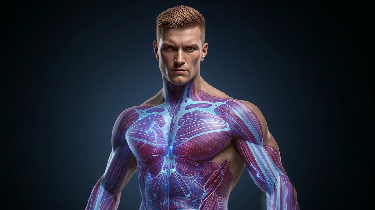 Uomo a torso nudo in posa che evidenzia archi luminosi di nervi muscolari in studio, mentre la telecamera ingrandisce e le luci si alzano.
