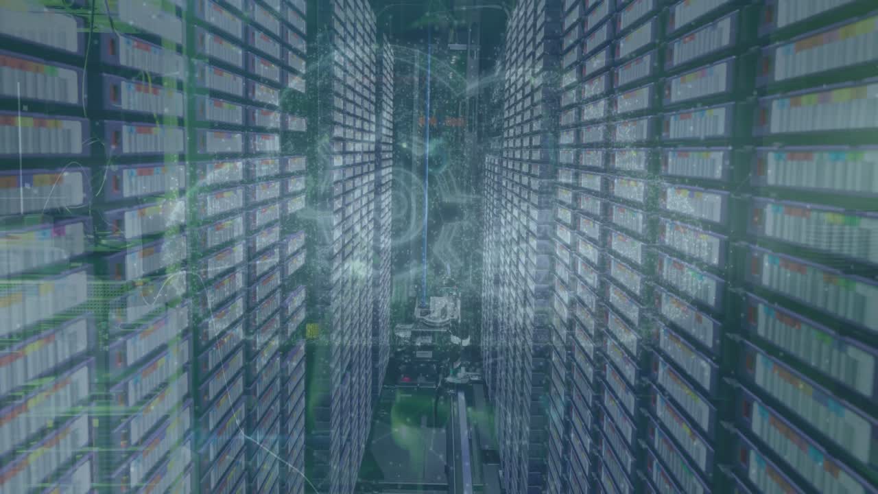 Animation of cyber security data processing and cloud icon against computer server room