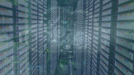 animación del procesamiento de datos de seguridad cibernética y icono de nube contra la sala de servidores de la computadora.