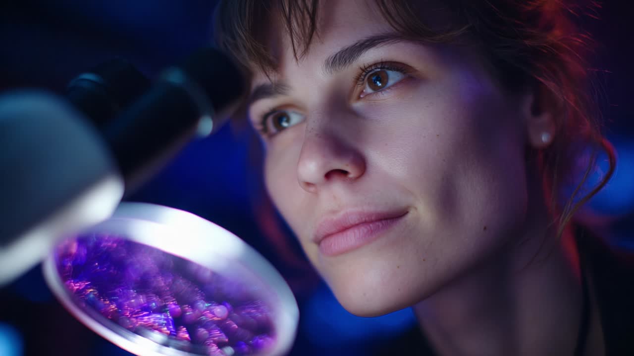 A captivated scientist studies specimens under a microscope, showcasing focused curiosity and discovery, with an illuminated magnified view highlighting intricate details through advanced technology