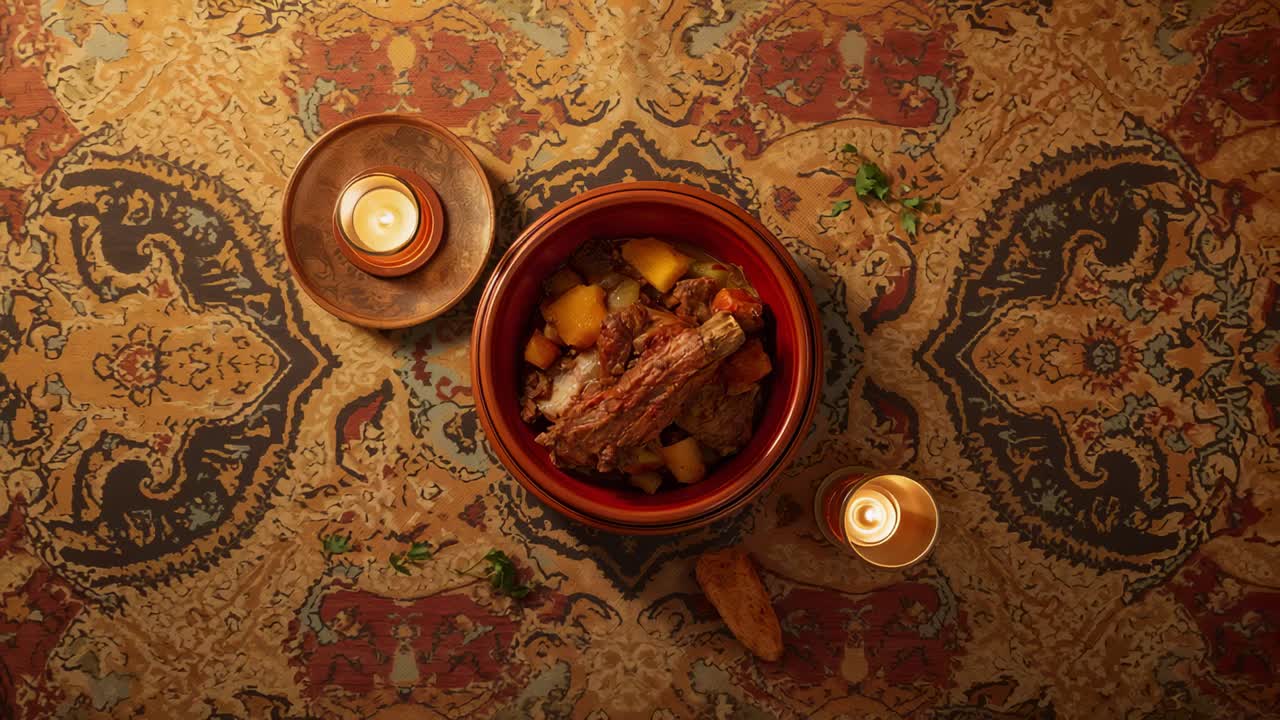 Pulling back camera over ceramic stew bowl on ornate rug, revealing surface, candles flickering