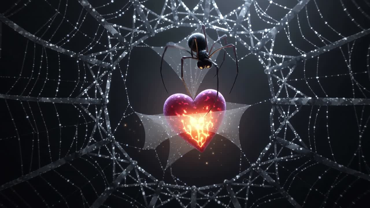 Video verticale: Ragno nero che fissa un cuore luminoso con la seta in una ragnatela scenica scura, retroilluminato.