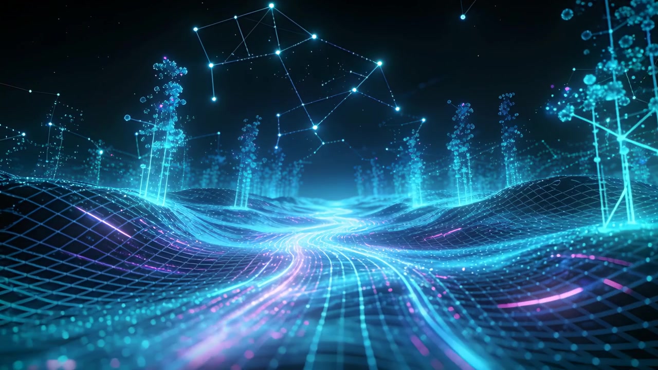Camera starting forward, neon grid path pulsing cyan pink streaks, showing depth and motion