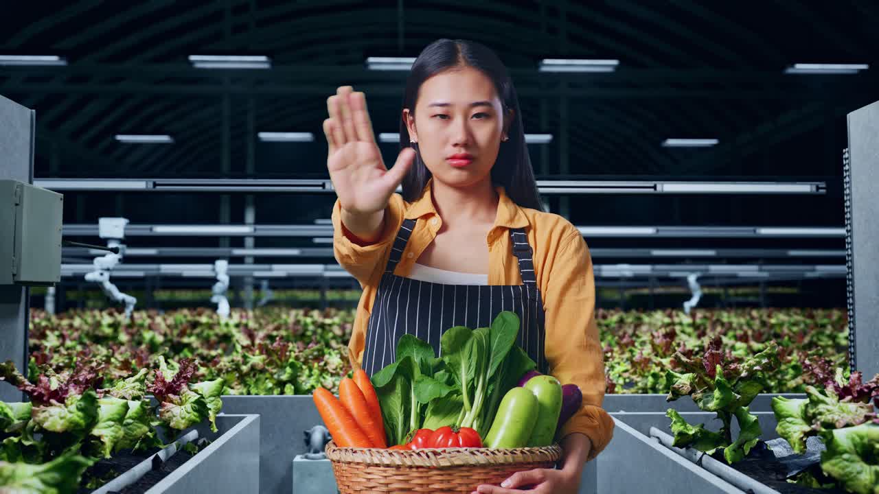 온실 에서 채소 바구니 를 거부 하는 여자