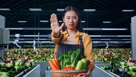 mujer rechazando una canasta de verduras en un invernadero