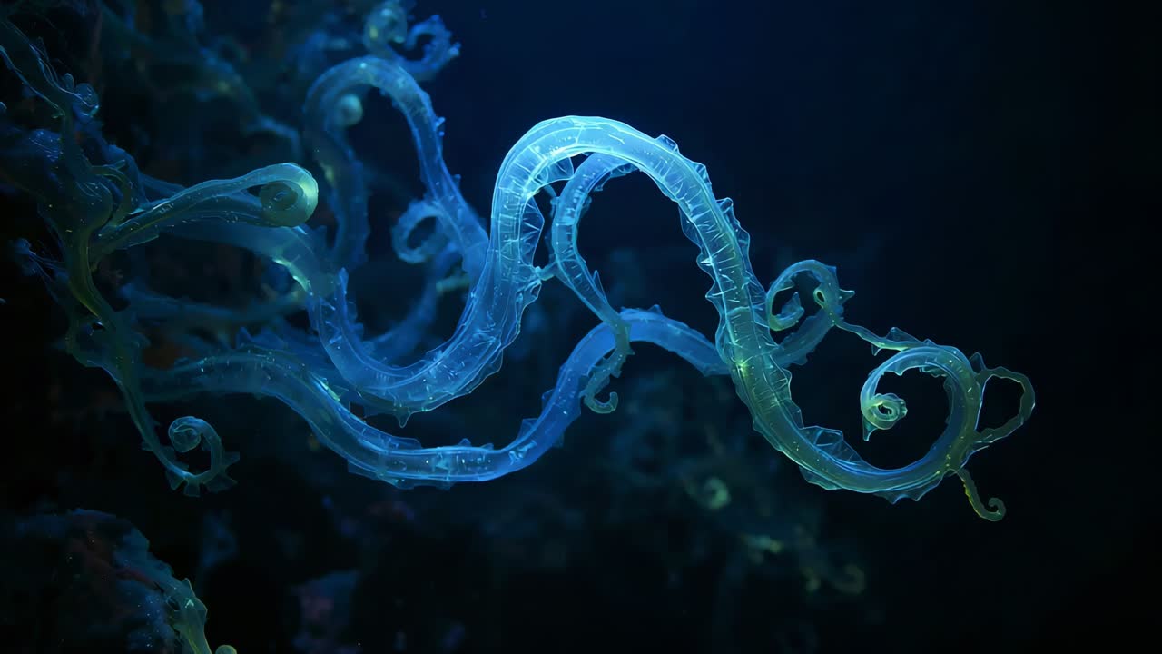 Zarcillos claros y pulsantes que se arquean en agua oscura desde el pulso, puntas cian brillantes y filamentos capilares