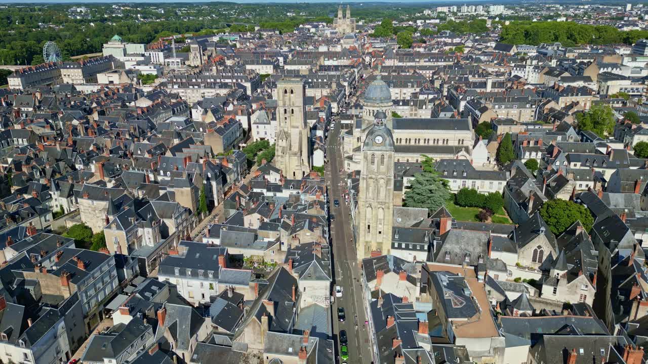 Drone view of Tours city with Basilica of Saint Martin dominating historic urban landscape, France