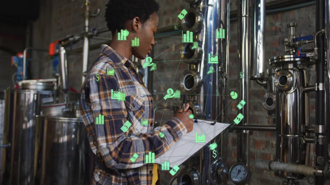 Técnico entrando na fábrica e ajustando válvula, regulando pressão com ícones de análise verde pulsantes.