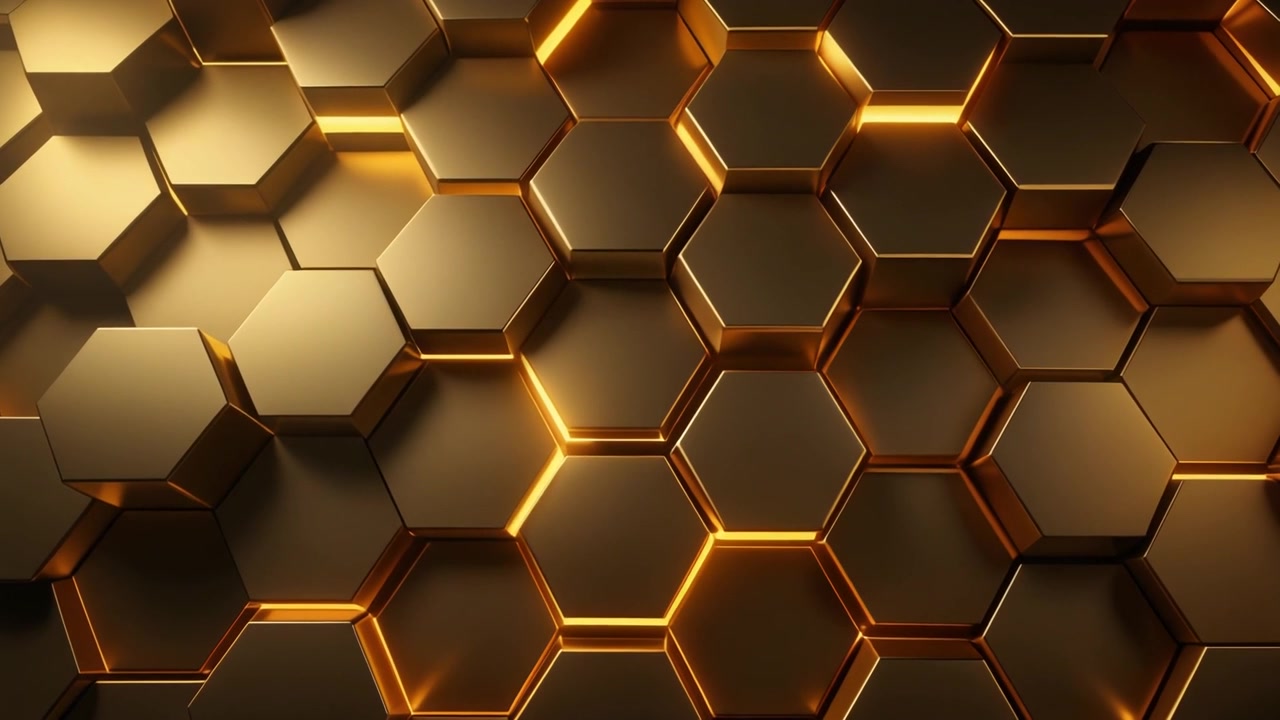 Fundo Abstrato de Ladrilhos Hexagonais Dourados em Movimento com Bordas Luminosas