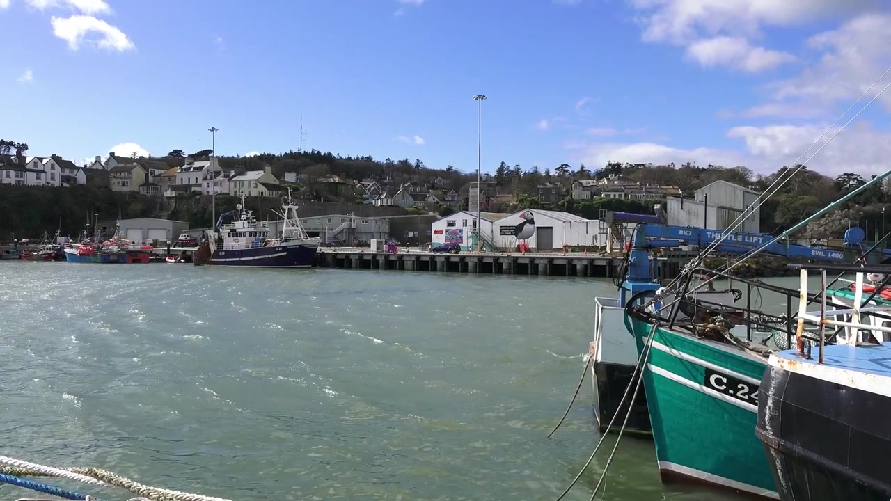 Pescherecci di Dunmore East Waterford in porto, con vista sul porto e sull'antico villaggio tradizionale in cima alla scogliera, una popolare destinazione turistica e di vacanza.