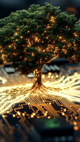 technology merges with nature in harmony. a vibrant tree grows from a circuit board, symbolizing the connection between technology and the natural world.