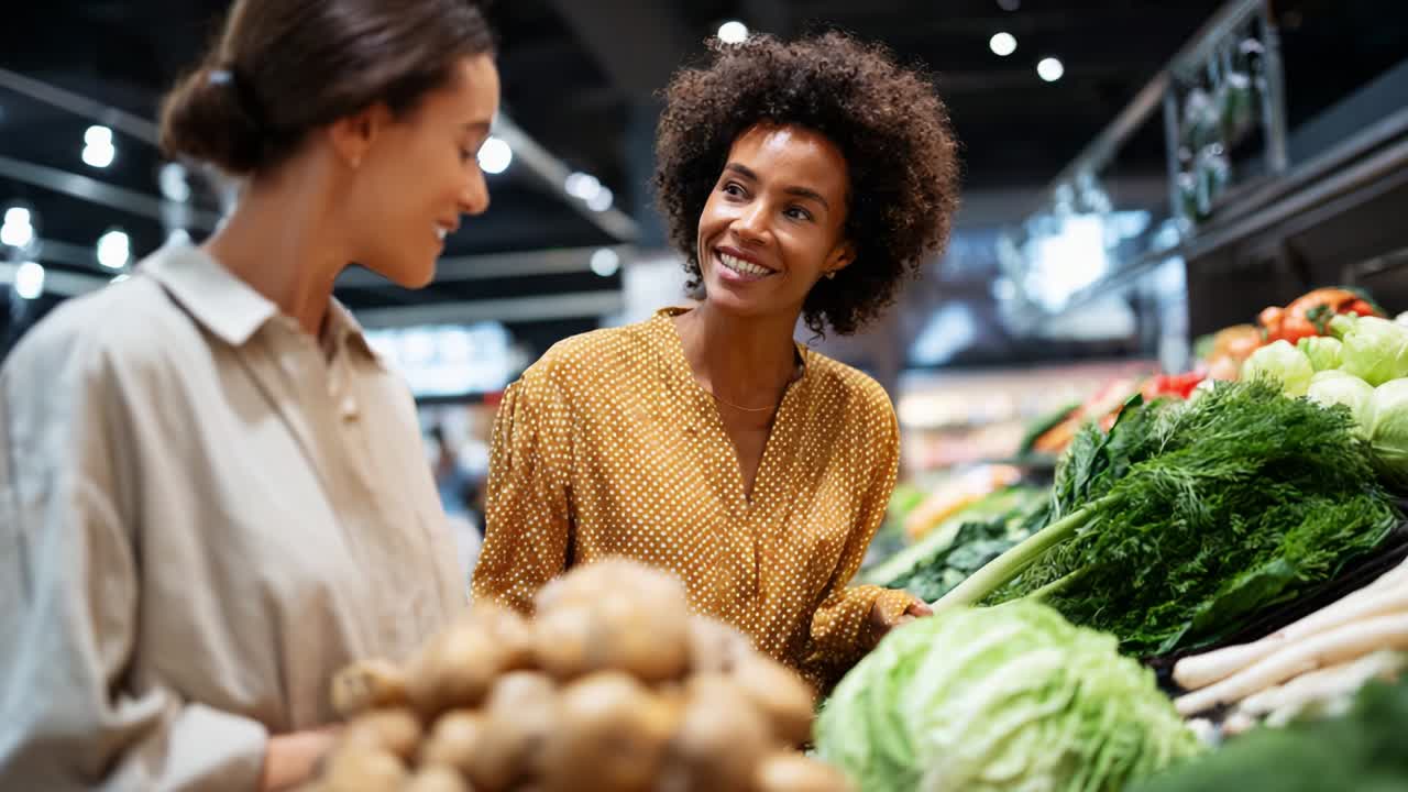 Two friends joyfully exploring a vibrant grocery store together, sharing smiles while examining fresh produce, including leafy greens, potatoes, and various colorful vegetables in a well-lit market setting