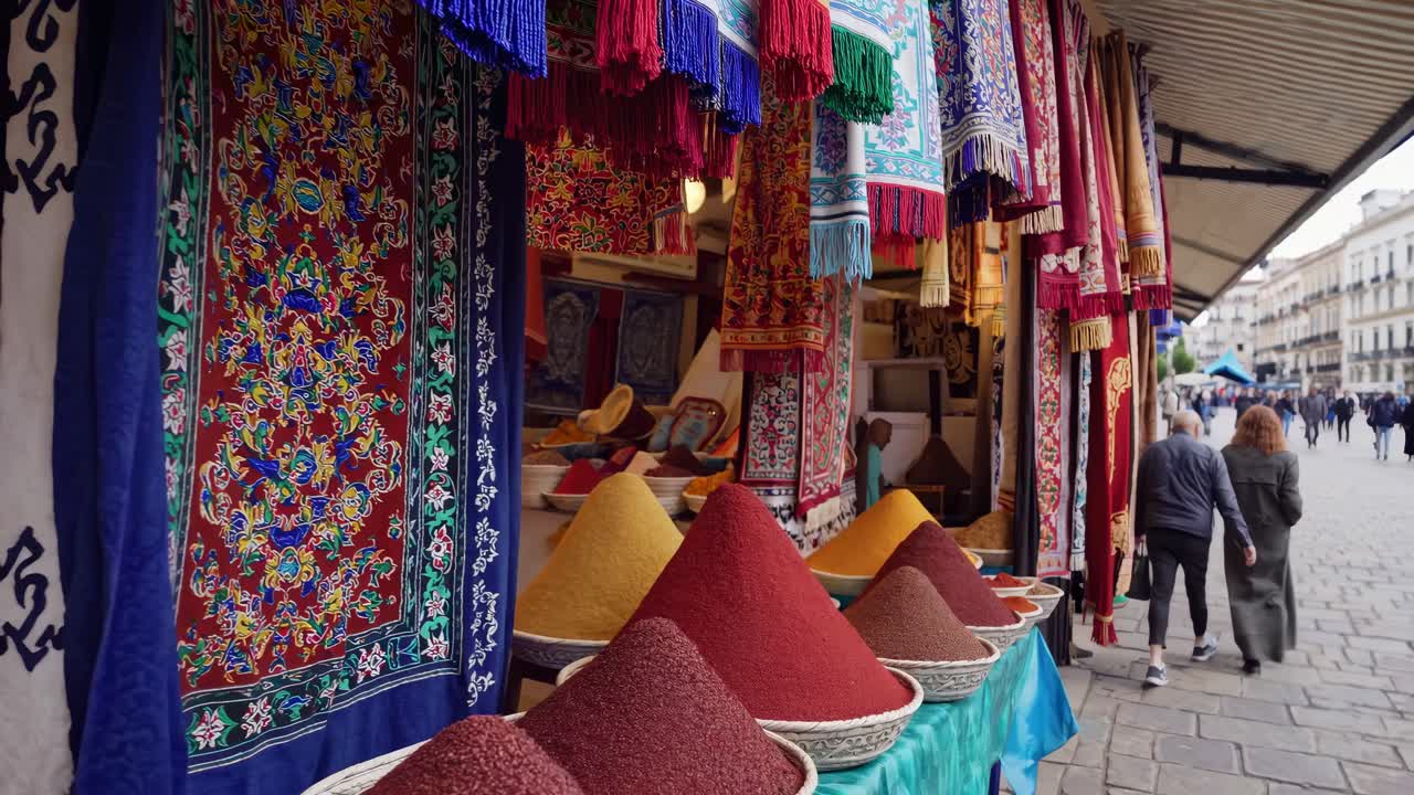 Aerial video captures bustling street market lined with historic buildings at sunset