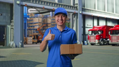 asian male courier in blue uniform showing thumbs up gesture and smiling while delivering a carton, outside of logistics distributions warehouse