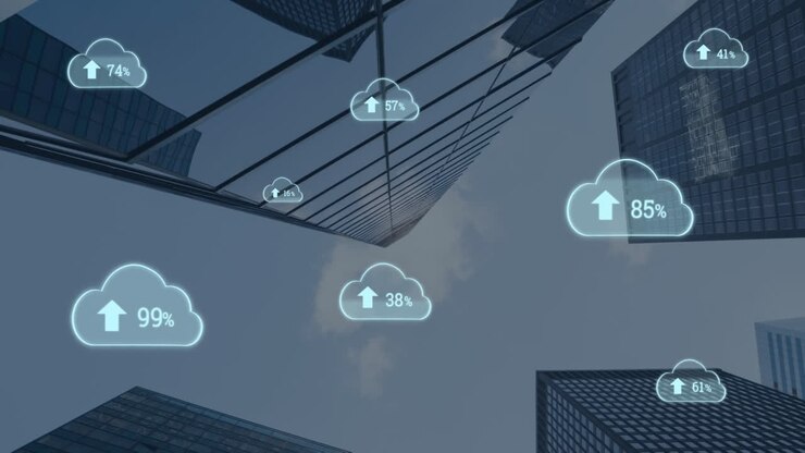 Animation of cloud icons with percentage and buildings in background