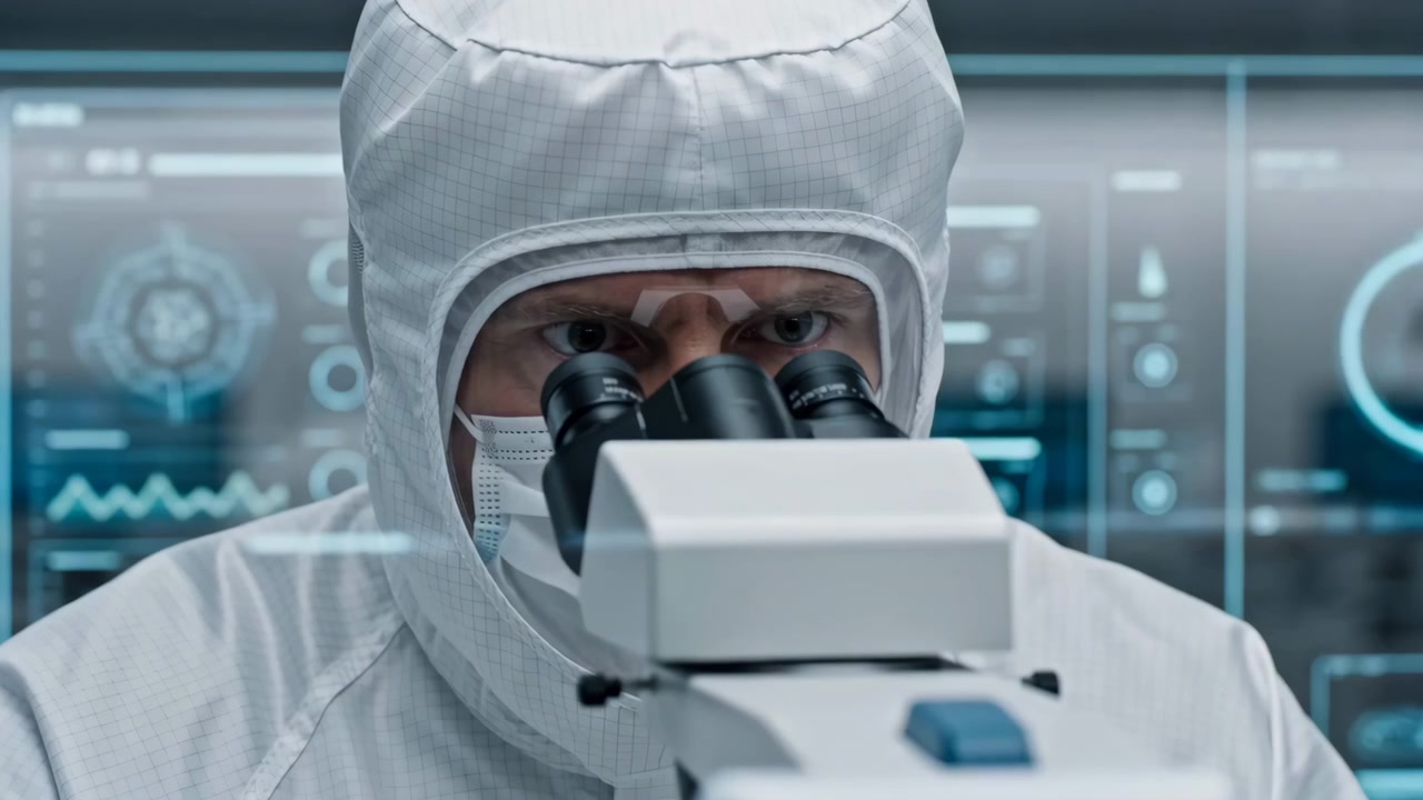 Tecnico in tuta da camera bianca e cappuccio esamina un campione attraverso gli oculari del microscopio mentre una mano guantata utilizza un controllo touchscreen accanto a file di postazioni di lavoro, mostrando un'ispezione di laboratorio precisa e