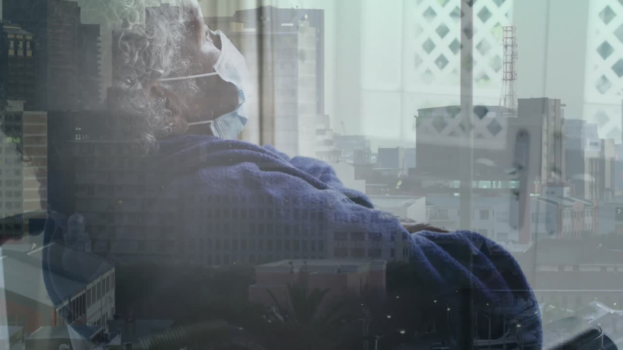 animación del paisaje urbano sobre una mujer afroamericana discapacitada sentada en silla de ruedas