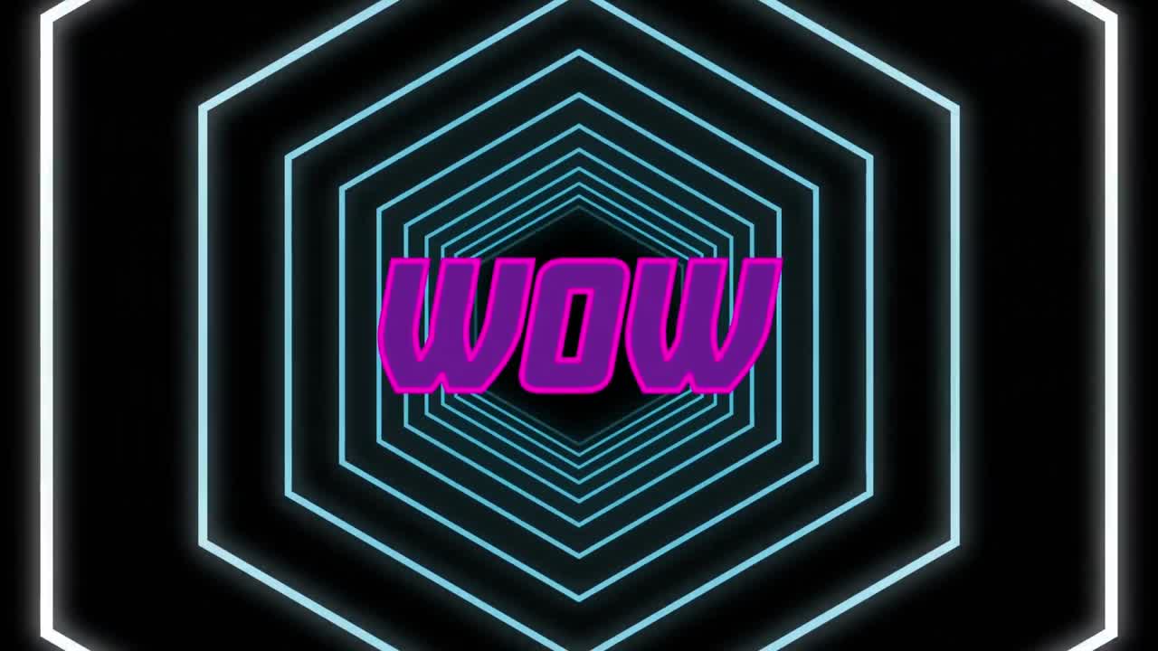 핑크와 보라색 텍스트의 애니메이션 와우, 검은색 배경에 움직이는  ⁇  네온 육각형 위