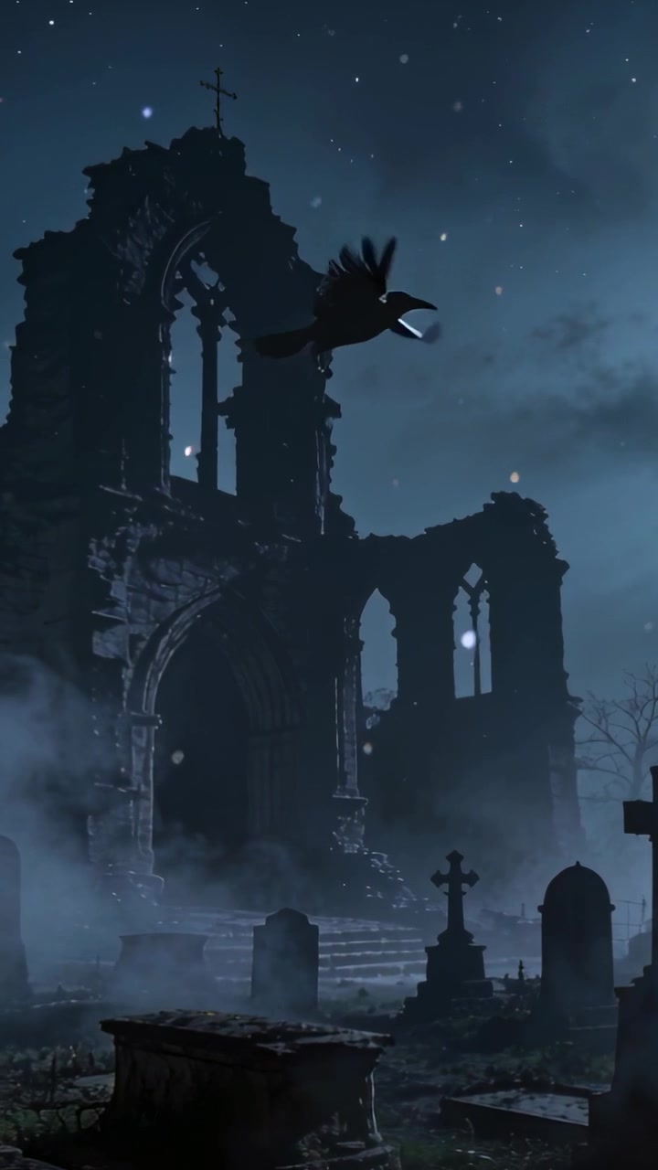 Video verticale: Corvo che emerge volando attraverso un cimitero nebbioso illuminato dalla luna, vicino a rovine di chiesa e un sarcofago.