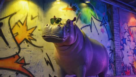 hippopotamus statue with sunglasses against a graffiti wall