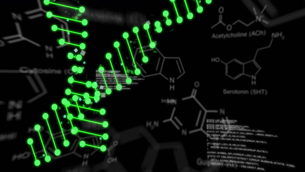 Animation of dna strands over data processing and chemical formula on black background