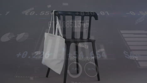 animation of changing numbers, graphs, loading circles, bag hanged on chair against gray background