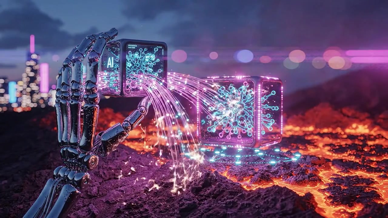A futuristic robotic hand holds glowing AI blocks near a volcanic eruption, blending technology and nature in a stunning, dynamic display of innovation and power.