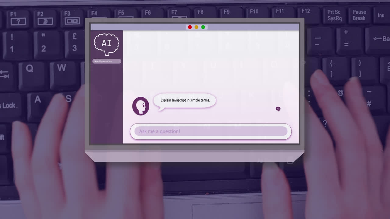 여성 타이핑을 통해 텍스트, 아이콘 및 데이터 처리의 애니메이션
