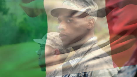 animation of flag of italy over diverse male soldiers