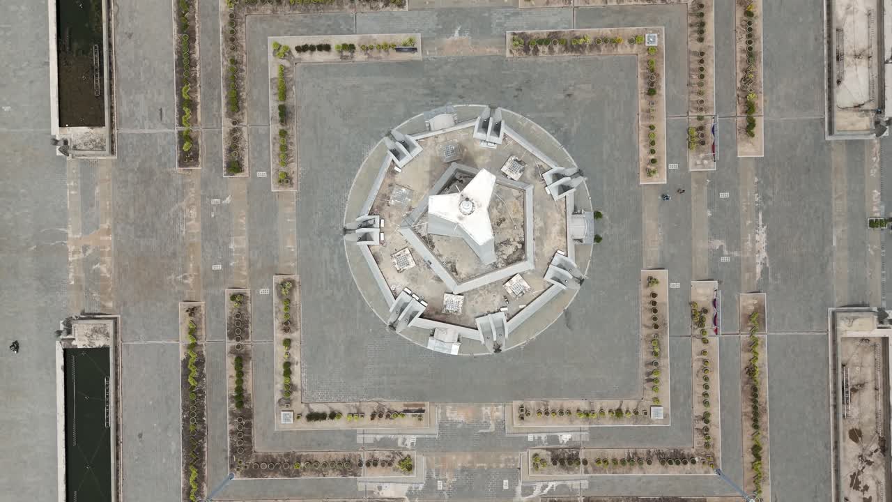 Aerial footage above the Win Win memorial monument, Phnom Penh, Cambodia. Camera top down footage above the monument