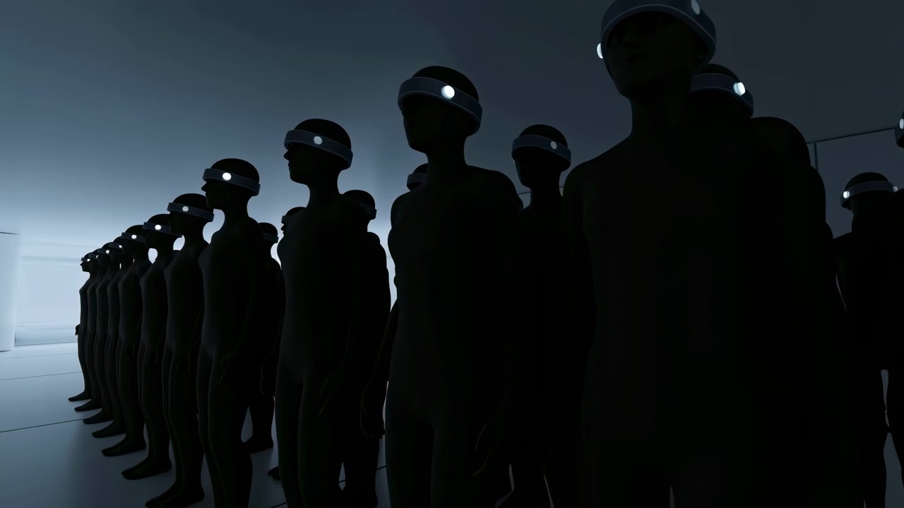 Identically dressed figures remain still in orderly lines as glowing visor details punctuate their silhouettes, while cool backlighting outlines bodies against a sparse interior.