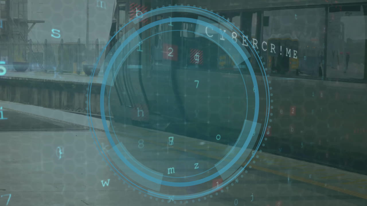 Animation of cyber attack text, scope and data processing over city