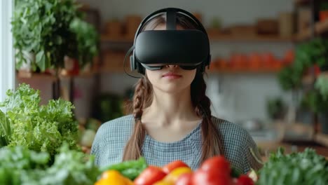 a woman wearing a virtual reality headset in a grocery store