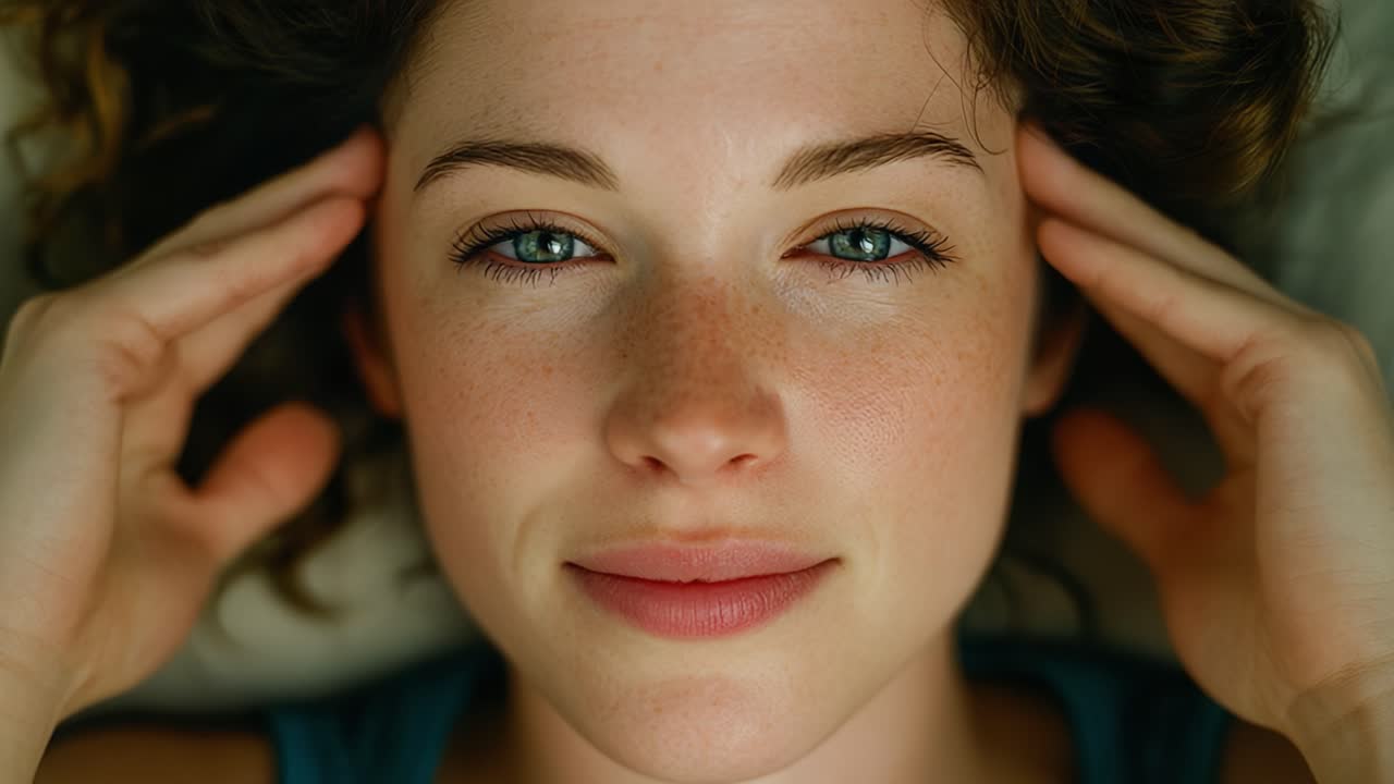 A Serene Journey Through Relaxation: Capturing the Transformative Moments of Calmness and Connection in a Close-Up of a Young Woman's Smiling Face