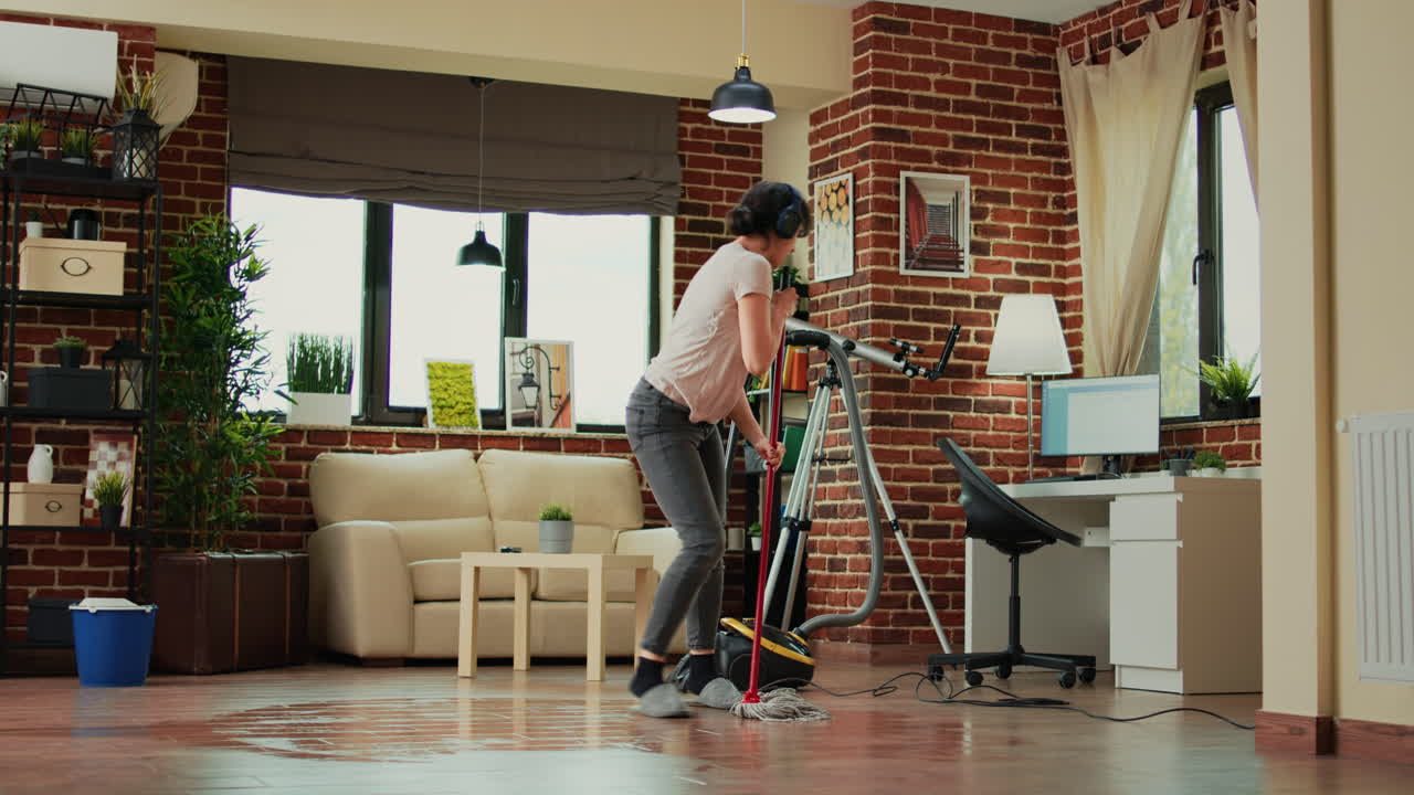 Happy housewife listening to music on headset and cleaning apartment