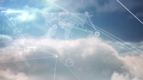 red de conexiones sobre red de iconos de candados de seguridad contra las nubes del mapa del mundo en el cielo azul