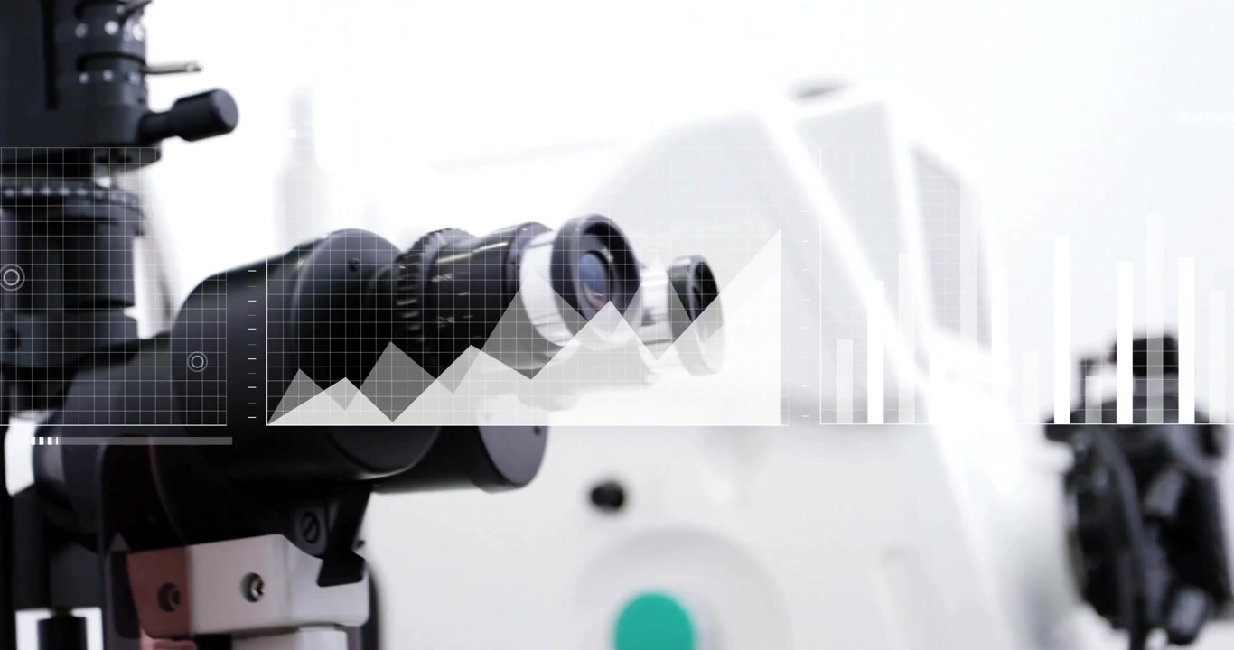 Analyzing data animation with microscope over laboratory equipment background