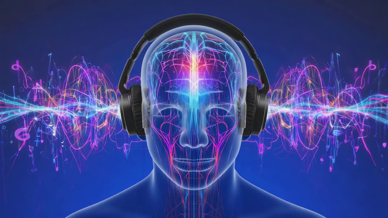 Abstract Brain with Headphones and Sound Waves