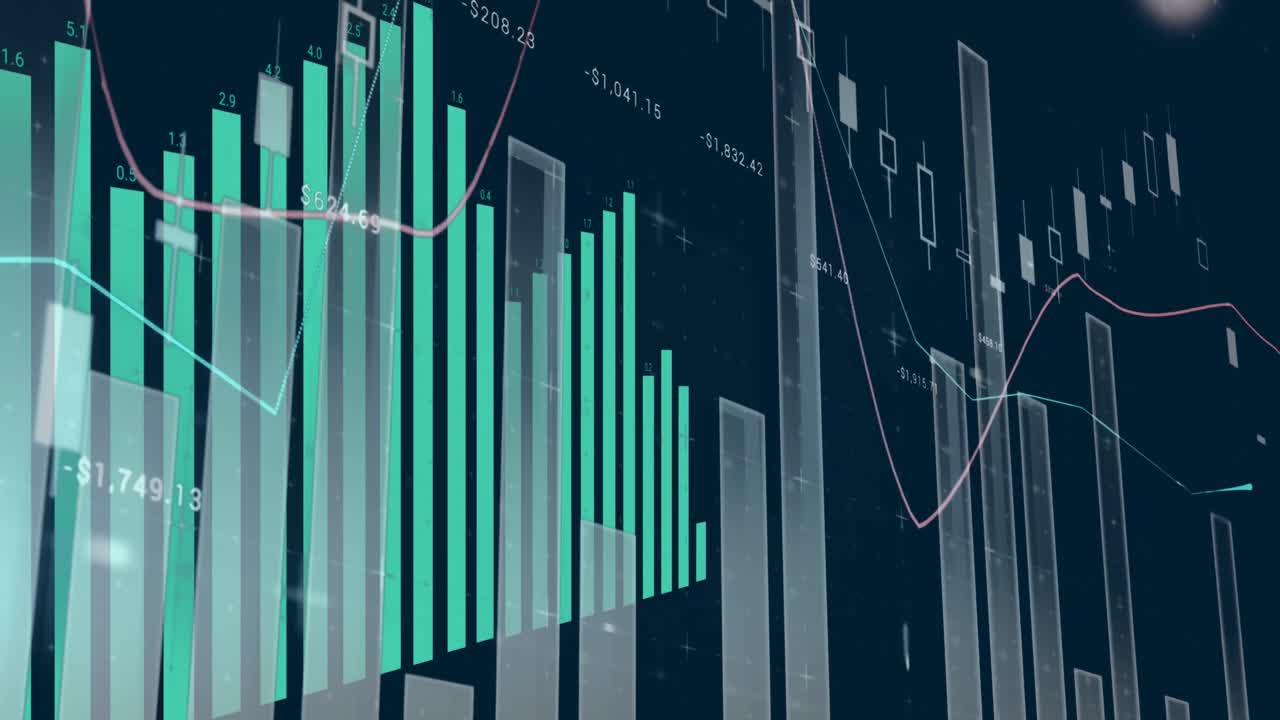 Animation of blue graph over graphs and charts processing data on black background